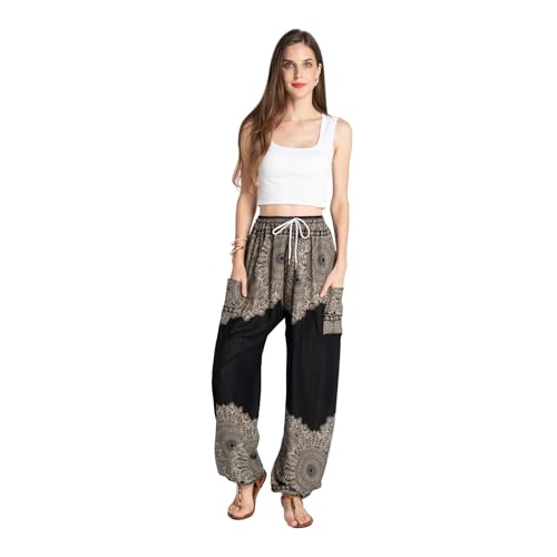 Tranquil Threads Women's Harem Pants with Pockets and Drawstring, Hippie Boho Yoga Clothes - color: Smokey Black, size: Small