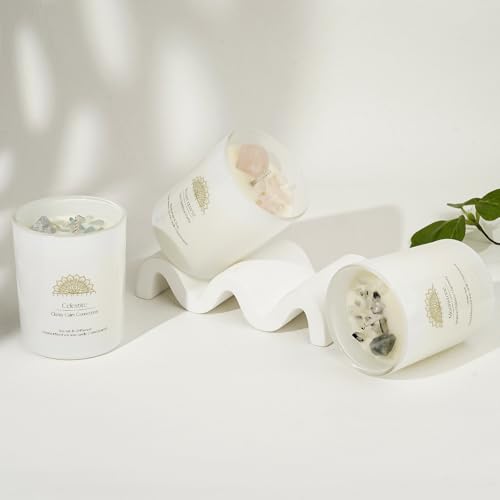 AvaConcept Healing Crystal Candle Gift Set – Set of 3 Celestite, Rose Quartz & Moonstone Hand-Poured Soy Wax Sea Salt Driftwood, Blackcurrant Rose & Amber Noir Aromatherapy Scents Premium Gift Box - size: 3.5oz, style: Sea Salt Driftwood, Blackcurrant Ros