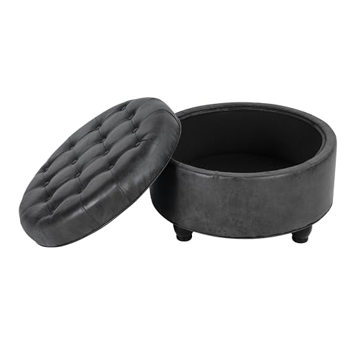 HomePop 25" Button Tufted Round Storage Ottoman - Gray Faux Leather - color: Grey