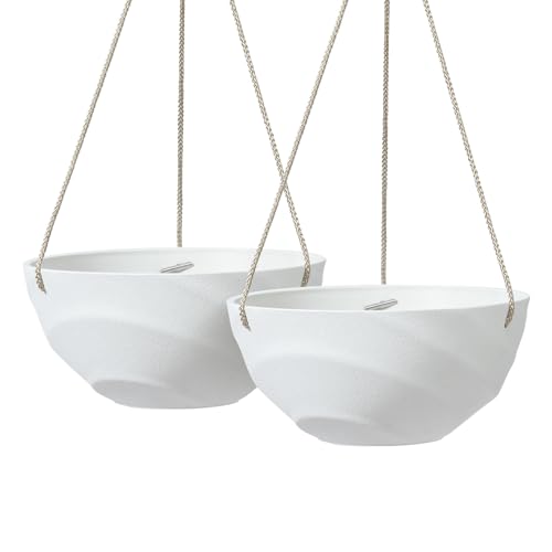 La Jolie Maison 10 Inch Hanging Planters for Indoor Plants, Outdoor Garden Planter Pots with Self-Watering Tray, Eggshell White, Set of 2 - color: Eggshell White