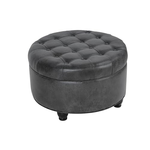 HomePop 25" Button Tufted Round Storage Ottoman - Gray Faux Leather - color: Grey