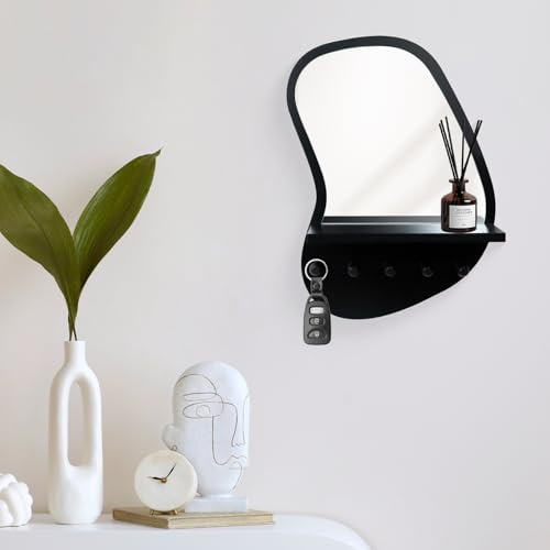 SANY DAYO HOME Wall Mount Wood Frame Irregular Mirror with 5 Wooden Hooks and Shelf, Modern Decorative Hanging Mirror for Entryway, Bedroom, Living Room (16″ x 12″, Black) - color: Black