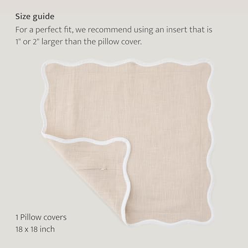 Double Stitch Scalloped Throw Pillow Covers - 100% Cotton Decorative Boho Pillow Covers 18 x 18, Made in India, Square Cushion Case, Modern Home Decor for Couch Sofa Living Room, Oat Milk - color: Oat Milk, size: 18" x 18" (Pack of 1)