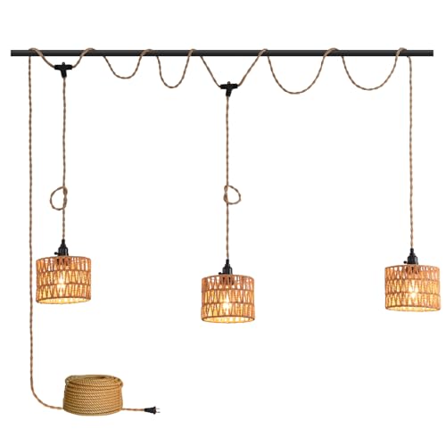 3-Light Hanging Light with Plug in Cord,Plug in Pendant Light 22ft Hemp Rope Pendant Lighting Vintage 3-Light Hanging Lamp Fixtures for Kitchen Island Living Room Bedroom - color: 3 Light 18CM Hemp Rope Shade