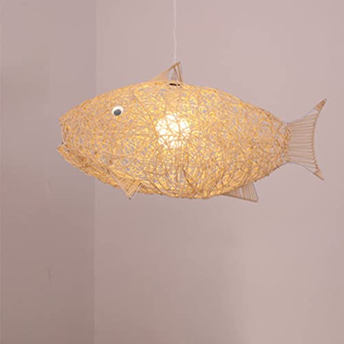 Hand-Woven Bamboo Pendant Light, Lantern Lamp Rattan Single Light Weaving Natural Wooden Ceiling Hanging Fixture with Adjustable Cord for Kitchen Dining Living Room Restaurant Farmhouse (Fish Style) - color: Fish Style