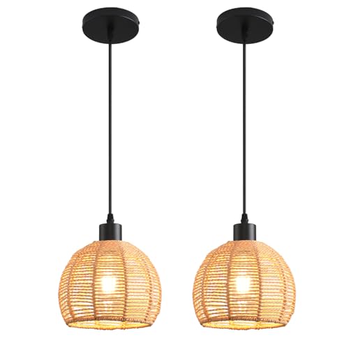 Woven Pendant Light Boho Chandelier, Rattan Pendant Lights Kitchen Island, Farmhouse Pendant Lighting with Hand Woven Wicker Shade, Boho Chandelier Light Fixtures Ceiling Hanging Light - color: 7.87" Rattan 2 Pack