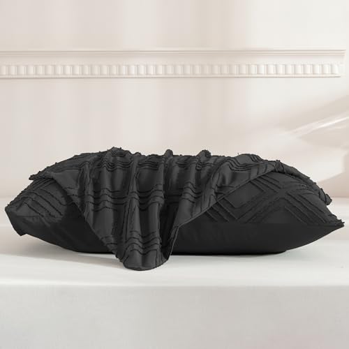 JELLYMONI Pillowcases Standard Size Black 2 Pack Boho Plaid Bed Pillow Covers 20x26in Polyester Envelope Pillow Shams Tufted Bohemian Textured (Pillows are not Included) - color: 07 - Black - Grid, size: 26" x 20" (Pack of 2)