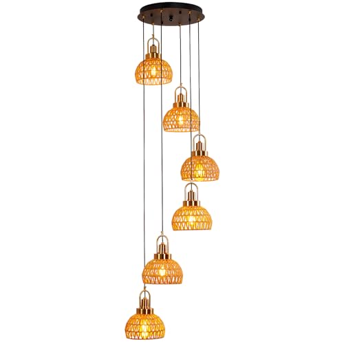 Modern Boho Gold Rattan Pendant Light 6-Lights Vintage Farmhouse Rattan Pendant Light Fixture Hand Woven Golden Bamboo Wicker Pendant Lights for Kitchen Stairwell, Entryway, Living Room - color: Gold 6-Lights