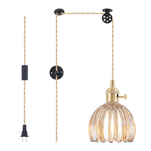 Plug in Pendant Light Fixtures, Hanging Light Fixture Vintage Glass Pendant Light, Mini Amber Tulip Hanging Lamp, Pendant Lighting for Kitchen Island, Bedroom, Dining Room, Living Room - color: Tulip Amber