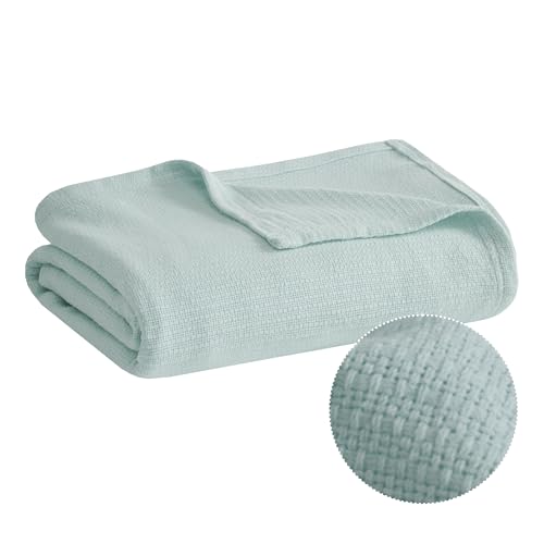 Madison Park Freshspun Basketweave Luxury Cotton Blanket Blue 90x90" Full/Queen Size Basketweave Premium Soft Cozy 100% Cotton For Bed, Couch or Sofa - color: Blue, size: Full/Queen
