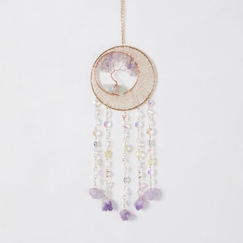 Green Quartz Gemstone Dream Catcher Tree of Life Chakra Dream Catchers with Healing Crystal Stones Handmade Dreamcatcher Sun Catcher Wall Decor for Boys Girls,Bedroom,Wedding,Garden,Bless Gift - color: 7 Chakra Tree With Green Quartz