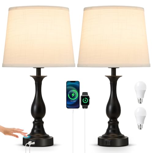 Bedside Table Lamp Touch Control Bedroom Lamps with USB A + C Charging Port 3 Way Dimmable Touch Lamps for Nightstand Living Room Bedroom Dorm Home Office Reading, Set of 2 (White Shade & Black Base) - color: White Shade & Black Base