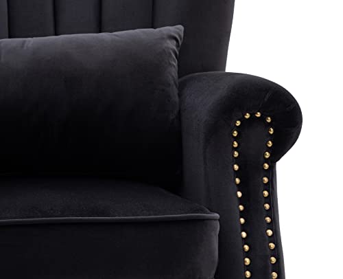 Kmax Black Accent Chair Velvet Wingback Chair with Pillow Nail-Head Channel Tufted Oversized Club Chair for Living Room Bedroom Guest Room - color: Black