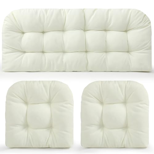 Barydat 3 Pack Wicker Furniture Cushions Waterproof Outdoor/Indoor Tufted Wicker Chair Cushions 1 Loveseat and 2 U-Shape Rattan Chairs for Patio Furniture, Rattan Love Seat, Bench(Cream) - color: Cream