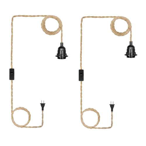 16.4ft Plug in Pendant Light Cord 2-Pack, Farmhouse Hemp Rope Hanging Lights Cord Kit with Switch, Industrial Vintage Plug in Hanging Light Fixture DIY E26 E27 Lamp Socket Cord, No Bulb - color: 2-Pack 1-Light Hemp Rope Black