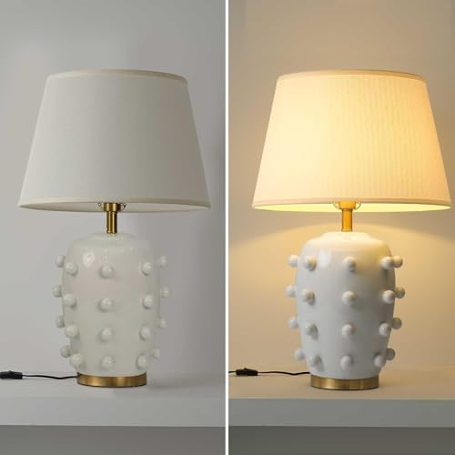 Modern Ceramic Linden Table Lamp - 26" White Ball Farmhouse Design, Classic Table Lamp Pottery Tapered Drum Shade for Living Room, Bedroom, Office, and Home （White） - color: White Pottery, size: 26 inch