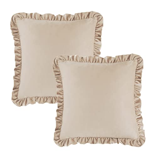 GIGIZAZA Champange Decorative Throw Pillow Covers, 18x18 Velvet Ruffle Cushion Pillow Covers for Sofa Couch Set of 2 - color: Champagne, size: 18" x 18" (Pack of 2)