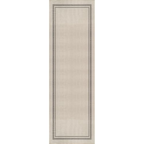 Beverly Rug Easy Jute Bordered Runner Rug 2x7 Washable Durable Indoor Outdoor Area Rugs for Living Dining Room Patio Office Stain Resistant Non Shedding Casual Indoor Outside Carpet 2 x 7 Off-White - color: Bordered/Off-white-black, size: 2' x 7' (Rectang