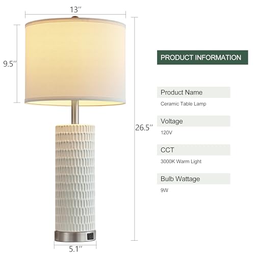 Reaketon 26.5" Ceramic Table Lamp Set of 2, 3 Way Dimmable Touch Control Table Lamp with 2 USB Charging Ports for Bedroom Living Room, Modern Nightstand Lamp End Table Lamps, Bulbs Included - color: White Shade & Silver Base