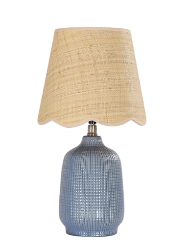 Pia Ricco 19" Modern Ceramic Table Lamp for Living Room Gray Blue Base Desk Lamps for Bedroom Farmhouse Bedside Nightstand Lamp End Table Lamps,Bule,Rattan Shade - color: Navy Blue Base