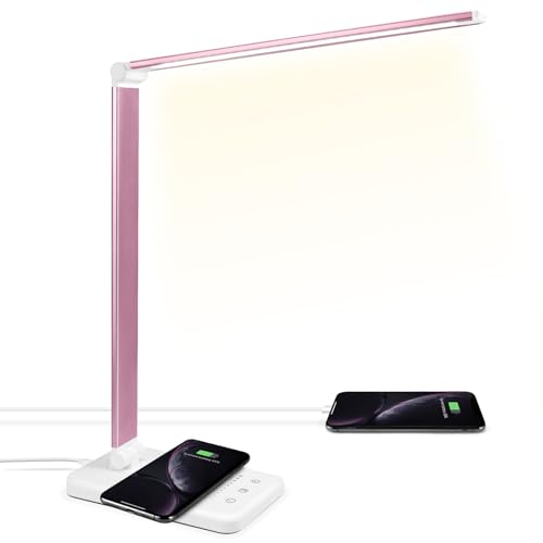 LED Desk Lamp with Wireless Charger, USB Charging Port, Desk Lighting with 10 Brightness, 5 Color Modes, Dimmable Eye Caring Reading Desk Lamps for Home Office, Touch Control, Auto Timer, Pink - color: Pink, size: PRO
