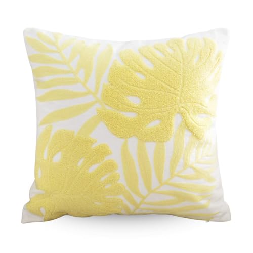 Embroidery Throw Pillow Covers 18x18 Floor Pillow Cover for Couch Bed Room Chair 100% Cotton Loop Embroidered Light Yellow Tropical Leaves Cushion Cover Square Pillow Case 45x45cm, 1 Piece - color: Loop Light Yellow
