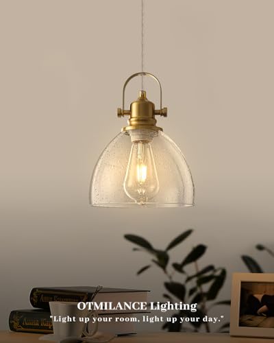 Gold Pendant Lights 2 Pack, 7.5 Inch Seeded Glass Pendant Light, Gold Farmhouse Pendant Light Kitchen Island, Glass Kitchen Pendant Lights for Kitchen Island, Dining Room, Living Room - color: Seeded Glass-Gold+Cord, size: 2-Pack
