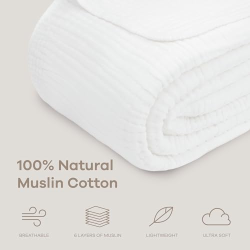 Comfy Cubs Muslin Throw Blanket - 50” x 60” Quilted Design - Lightweight, Breathable 6-Layer Gauze Fabric - Soft Cotton Blanket for Home or Travel - Packaged in Elegant Gift Box - White - color: White, size: Throw - 50" X 60"
