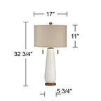 Possini Euro Design Kingston Mid Century Modern Table Lamp 32 3/4" Tall White Grooved Patterned Ceramic Taupe Drum Shade for Bedroom Living Room House Bedside Nightstand Home Office Entryway Family