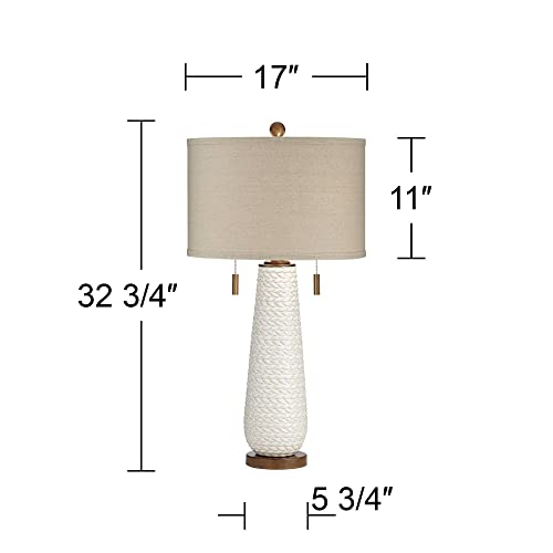 Possini Euro Design Kingston Mid Century Modern Table Lamp 32 3/4" Tall White Grooved Patterned Ceramic Taupe Drum Shade for Bedroom Living Room House Bedside Nightstand Home Office Entryway Family