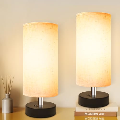 DEGNJU Bedside Table Lamp, Mini Minimalist, Flaxen Fabric Shade, 2 Pack | 11.8 Inch, Round Shade, For Bedroom Night Stands, Desk Reading Lamp, Dorm Living Office Room - color: Round-Flaxen-11 Inch, size: 2 Pack