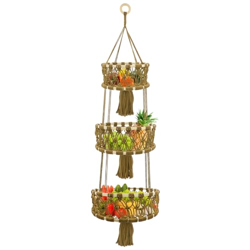 3-tier Hanging Fruit Baskets for Kitchen, Woven Cotton Rope Fruit Hammock, Macrame Hanger Holder for Fruit Vegetable Produce Storage & Organization, Boho Hanging Plant Holder for Indoor Outdoor - color: Caramel