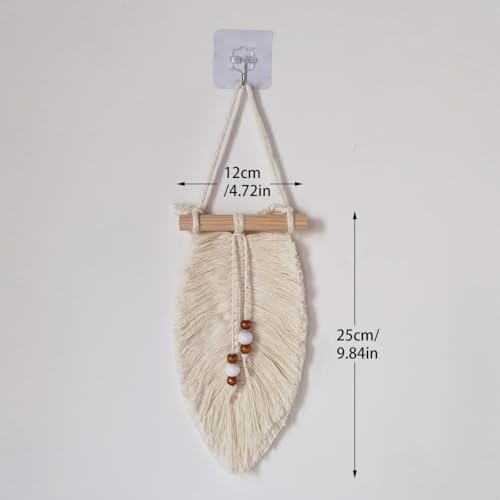 Megsv Handwoven Macrame Leaf Wall Hanging with Wood Beads - Natural Cotton Rope Wall Art for Boho Chic Home Decor, Rustic Interior Design (White)