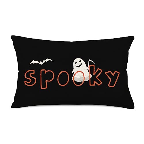Halloween Pillow Covers 12x20 Inch Lovely Ghost Spooky Bat Farmhouse Decoration Throw Waist Pillow Cases Black Halloween Holiday Decoration Cushion Cover for Sofa Couch - color: A Spooky