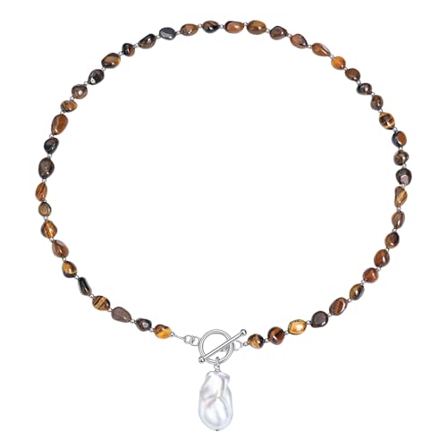 Beaded Necklaces for Women with Baroque Pearl, Turquoise Amethyst Lapis lazuli Tiger Eye Handmade Boho Bead Choker Necklace, Natural Stone Summer Jewelry Birthday Mother Gift for Women - color: Tiger Eye Stone