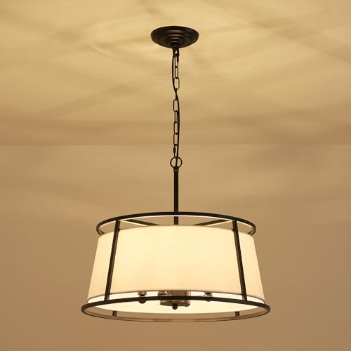Shrine Lighting Drum Chandeliers, Modern Style, Perfect Pendant Light Fixture for Dining Room, Living Room, D20'' x H9'', Adjustable Chains 59'', E12*4 Sockets, White Lampshade & Black Finish Frame - color: Black D19.7''