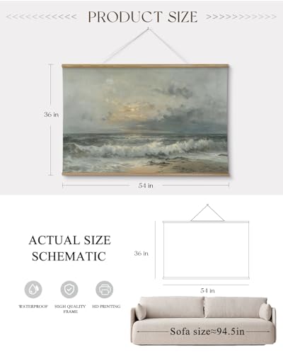 ARPEOTCY Extra Large Vintage Framed Wall Art, 36x54 Inch Sunset over the Sea Landscape Hanging Canvas Prints Scroll Wall Art Decor for Living Room Bedroom, Retro Scenery Pictures Above of Bed - color: Sunset over the Sea