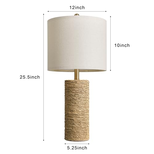 BOBOMOMO Boho Lamps Set of 2, 25.5" Coastal Farmhouse Bedside Lamps, Resin Woven Rattan-Look Nightstand Lamps with Linen Shade & Rotary Switch for Bedroom Living Room Home Decor