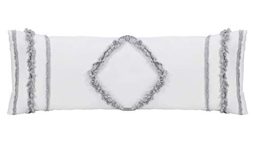Bohemian Boho Chic White and Grey Macrame Tufted Tassel Accent Decorative Couch Long Throw Zipper Body Pillow Cover Case 54x20 Solid Gray Textured Minimalist Cotton Fringe Farmhouse Indie Room Decor - color: Grey Fringe