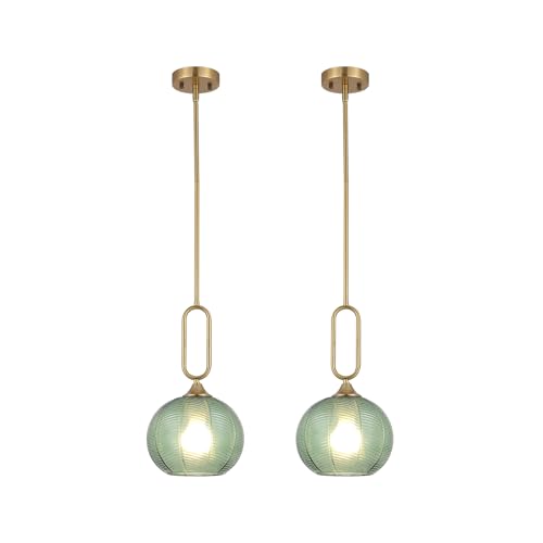 Green Glass Pendant Light Set of 2 Modern Globe Pendant Lighting Nordic Ribbed Gold Ceiling Hanging Chandelier with Brushed Brass Adjustable Rods Dining Room Kitchen Island Light Fixture - color: Gold-Green 2 Pack