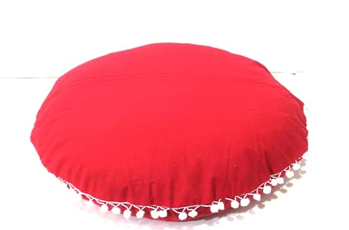 Round Mandala Floor Pillow Cover Seating Cushion Throw Cover Hippie Decorative Bohemian Ottoman Pouf Cover, Pom Pom Pillow Cases,Boho Indian (Red, 32" Round) - color: Red, size: 32"D x 4"W x 32"H