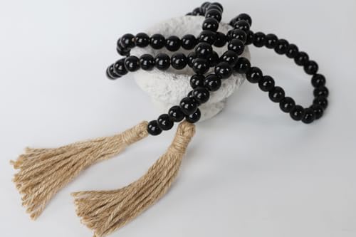 Boho Decor Wood Beads Garland Farmhouse Wall Hanging Decorations Natural Wooden Bead Tassel Decorative for Coffee Table Christmas and Prayer (Black, 58") - color: Black, size: 58"
