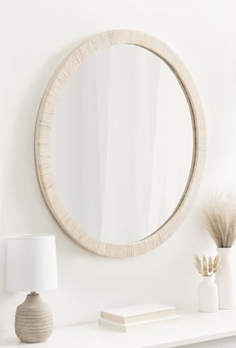 Kate and Laurel Rahfy Boho Round Rattan Mirror, 28 Inch Diameter, White, Decorative Circle Mirror with Wrapped Authentic Rattan Frame for Vanity Bathroom Mirror - color: White, size: 27.8"L x 27.8"W