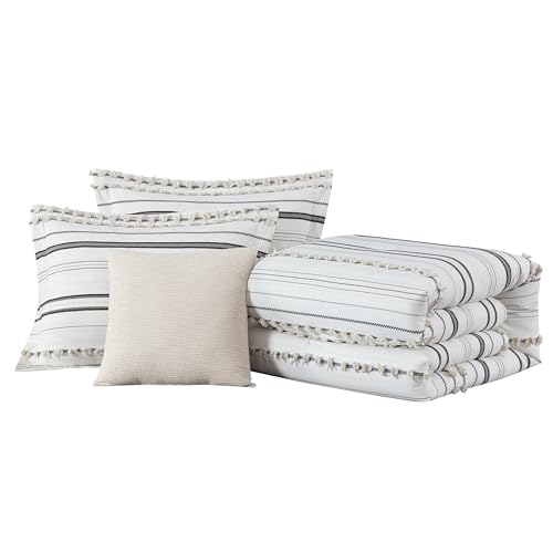 Chezmoi Collection 4-Piece Clip Jacquard Cotton Comforter Set King, Boho Chic Tufted Pompom Striped Bedding with Linen Blended Textured Pillow Cushion, Gray/White - color: Maru Gray White, size: King