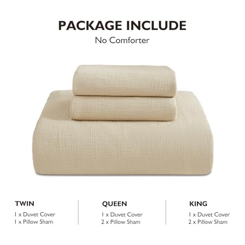 EMME Muslin Cotton Duvet Cover Set King Size Linen Like Soft Breathable Lightweight Summer Comforter Cover Set with Zipper Closure (King, 104"x90") - color: 02 - Beige, size: King(104"×90")