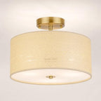 13" Boho Woven Rattan Ceiling Light Fixture, 3-Light Semi Flush Mount Modern Drum Lamp with Beige Fabric Shade, Rustic Lighting for Bedroom, Living Room, Dining Room, Hallway and Entryway - color: Warm Beige