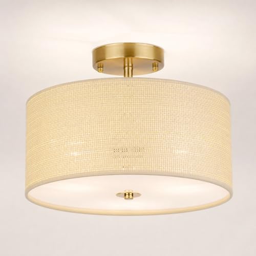 13" Boho Woven Rattan Ceiling Light Fixture, 3-Light Semi Flush Mount Modern Drum Lamp with Beige Fabric Shade, Rustic Lighting for Bedroom, Living Room, Dining Room, Hallway and Entryway - color: Warm Beige