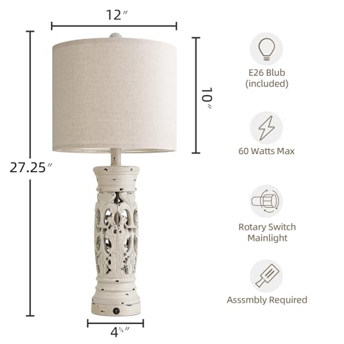 BOBOMOMO 27.25” Farmhouse Table Lamps Set of 2 – Antique White Bedside Lamps with Night Light & USB A+C Ports, Vintage Lamps for Bedroom, Living Room, Entryway, Console Table (Bulbs Included) - color: Antique White