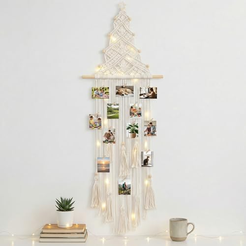 Rtteri Macrame Hanging Photo Display Boho Wall Decor Picture Card Frame Holder with 30 Clips Photo Art Hanger Teen Girl Teenage Gifts for Room Bedroom Dorm