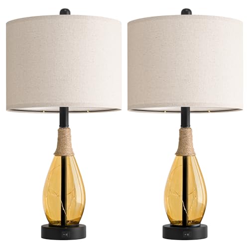 OYEARS 23" Table Lamps for Living Room Set of 2 Bedside Lamps for Night Stands Bedroom Lamps Farmhouse Rattan Boho Lamp Glass Nightlight End Table Lamp,Two Light Points - color: Tea Brown